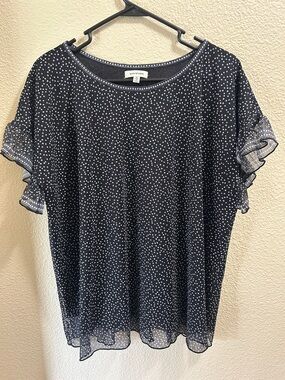 Max Studio Navy Polka Dot Ruffle Sleeve Blouse